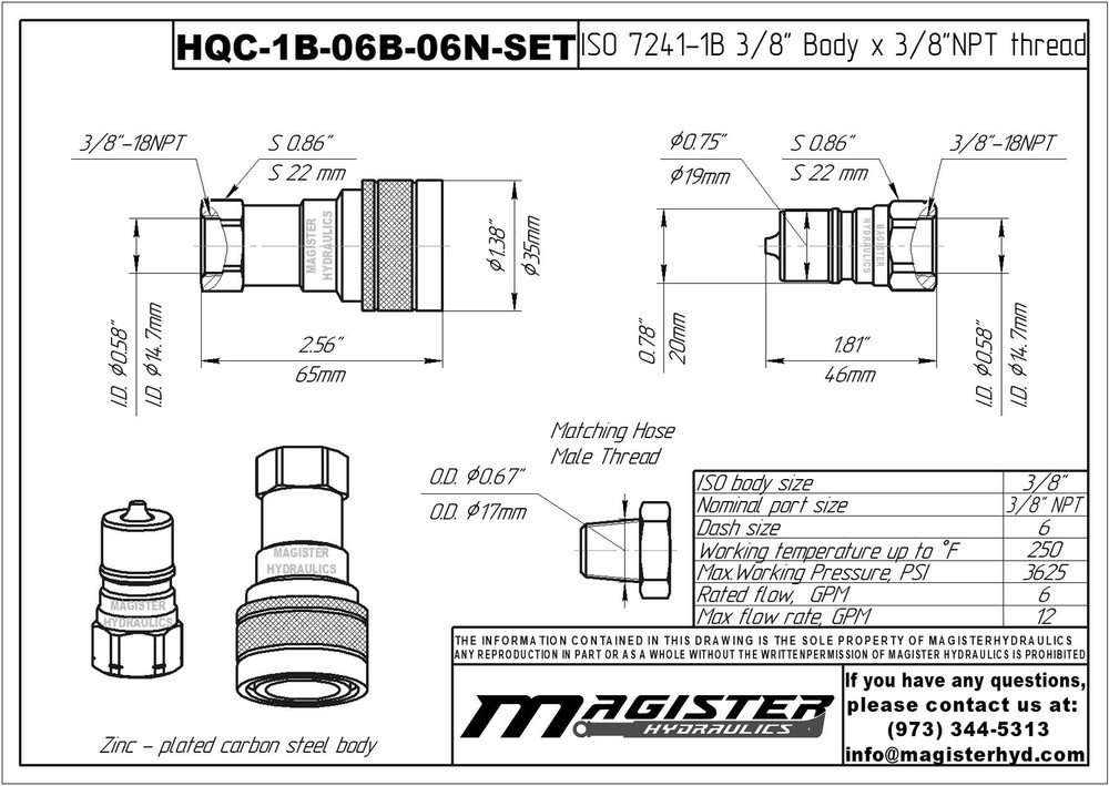 3/8″ ISO 7241-B Quick Disconnect Hydraulic Couplers Set - 3/8″ NPT Thread