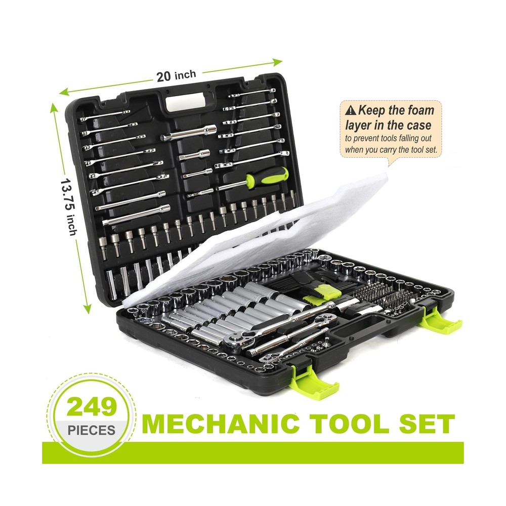 FASTPRO 249-Piece Mechanics Tool Set, SAE & Metric Socket Set, Include 1/2", ...