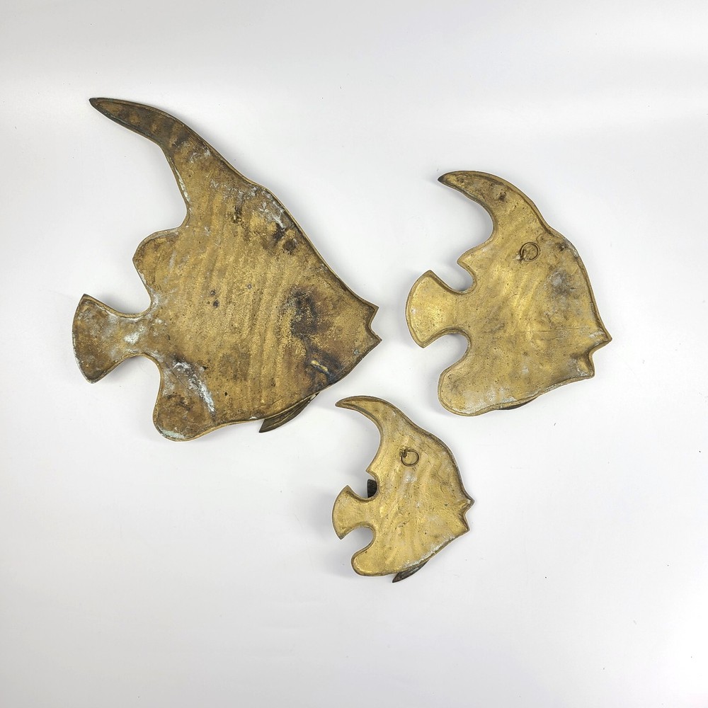 Mid-Century Solid Brass Angelfish Wall Plaque Decor Set
