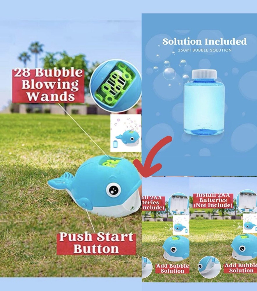 Whale Bubble Blower Blue Push Start Automatic Maker Bubble Solution Included NEW
