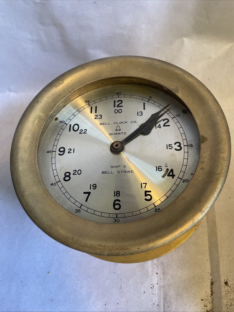 Bell Clock Co. 7” Clock. Ships Bell Strike Missing Front Glass, Brass Body