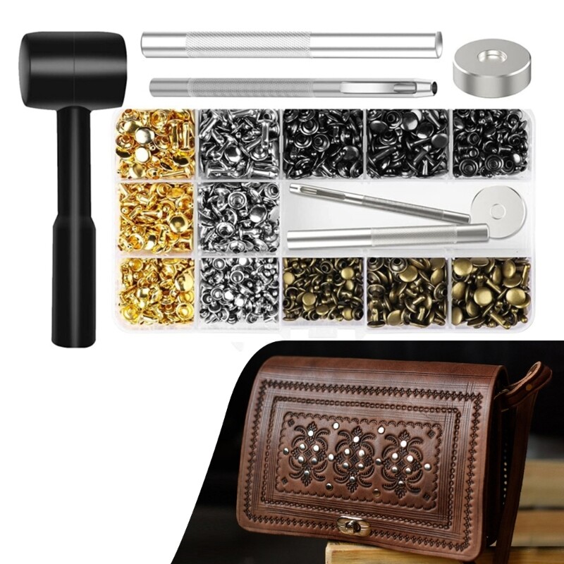 480 Set 4 Color Leather Rivets, Double Caps Rivets with Hammer