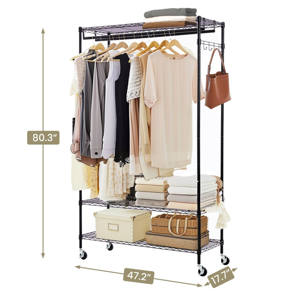3 Tier Heavy Duty Rolling Garment Rack with Wheels,Hanging Rods & Side Hooks