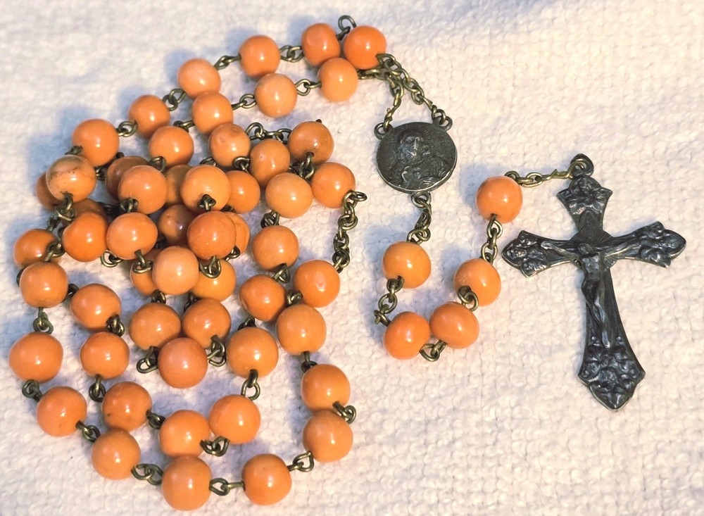 Antique French Rosary Real Angel Skin Coral Beads Silver Catholic Crucifix 22"