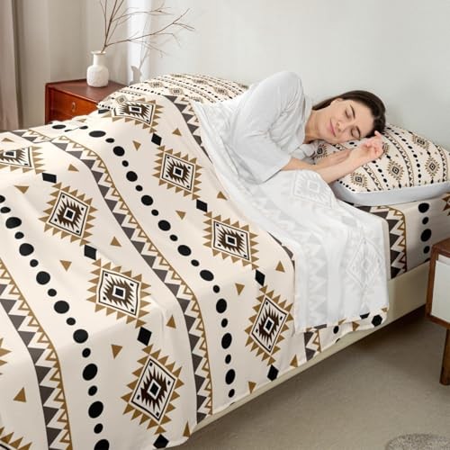 Bohemian Aztec Bed Sheets Set Size, Western Decor Flat Fitted King Multi 30