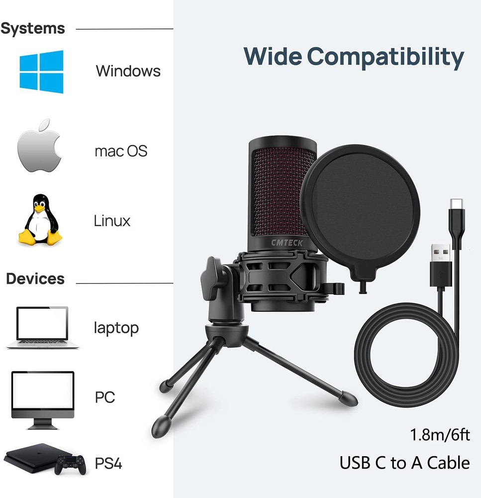 USB Desktop Microphone w/ Pop Filter & Mute LED for PC/Mac US