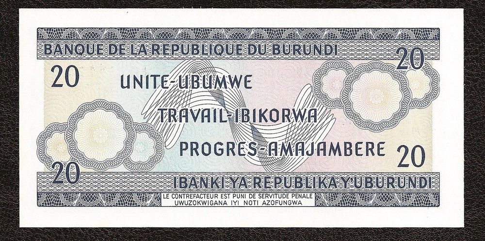 BURUNDI 20 Francs 1973 P-21b UNC Uncirculated