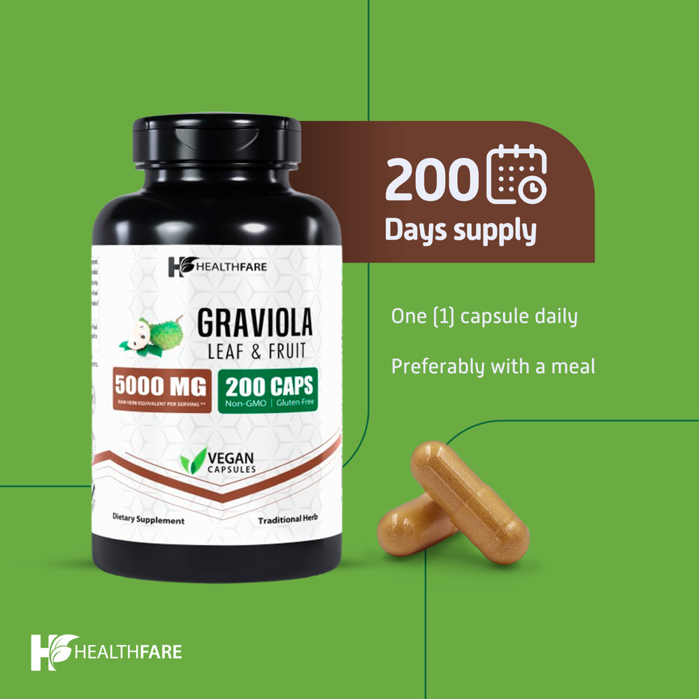 Graviola Capsules Leaf and Fruit Extract 5000mg | 200 Capsules | High Potency
