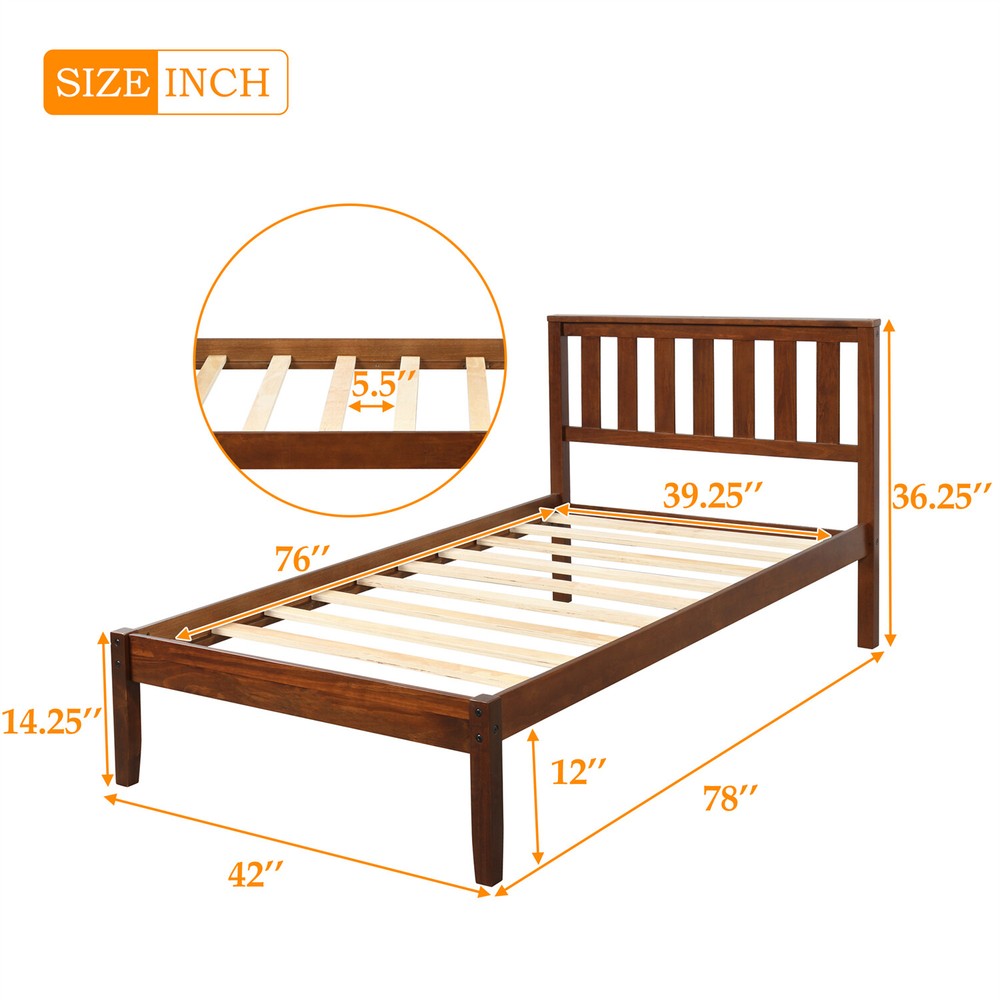 Twin Size Bed Frame Wood Platform Bed Frame w/ Wood Headboard Walnut/Espresso