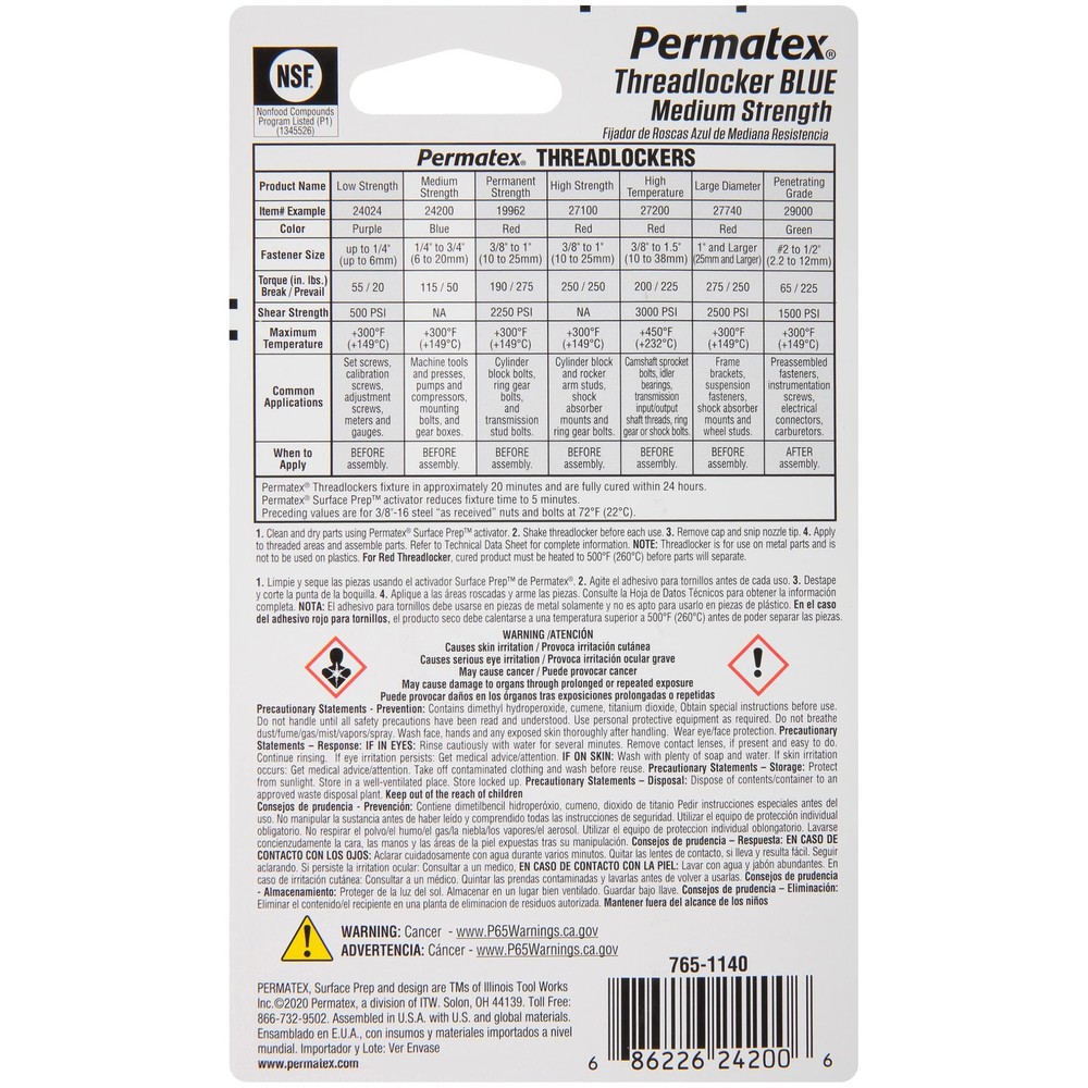 Permatex 24005 Medium Strength Threadlocker Blue Gel, 5 g 5 ml,