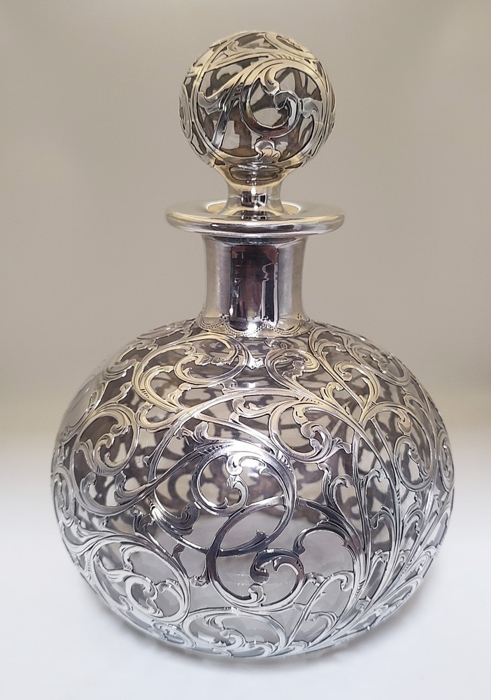 CLEAR SILVER OVERLAY CLARET / BOTTLE / PERFUME, MAKER: ALVIN, 8"