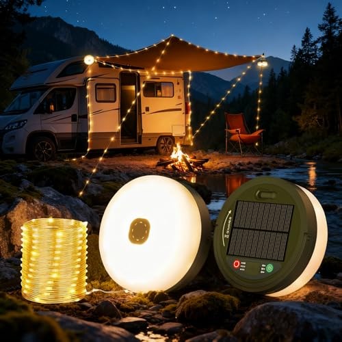 Solar Camping String Lights, 33FT 3000mAh Retractable 4 in 1 Solar/USB Charging