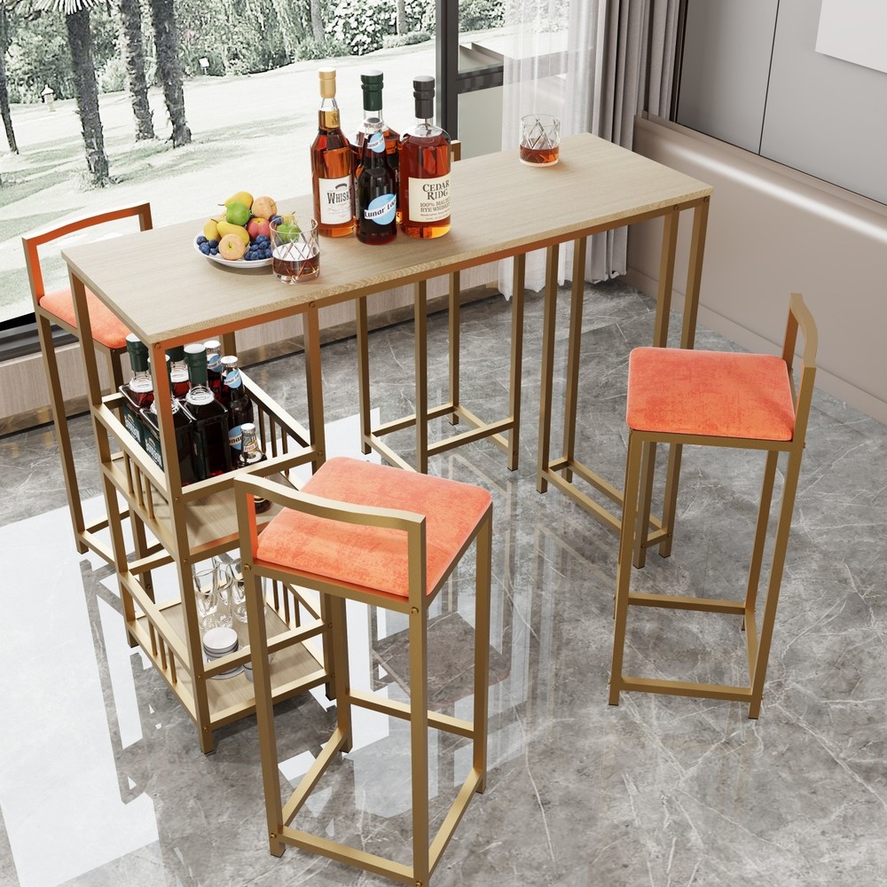 5 Piece Bar Table Set Counter Height Kitchen Rectangle Table w/ 4 Bar Chairs