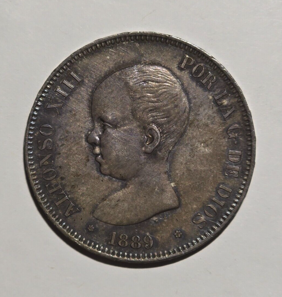 1889 Spain 5 Pesetas UNC Details Cleaned