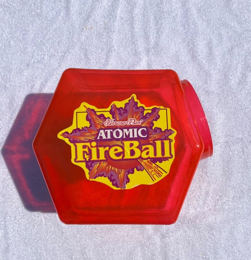 Vintage Ferrara Pan Atomic Fire Ball Candy Jar, Red Plastic Container, Canister