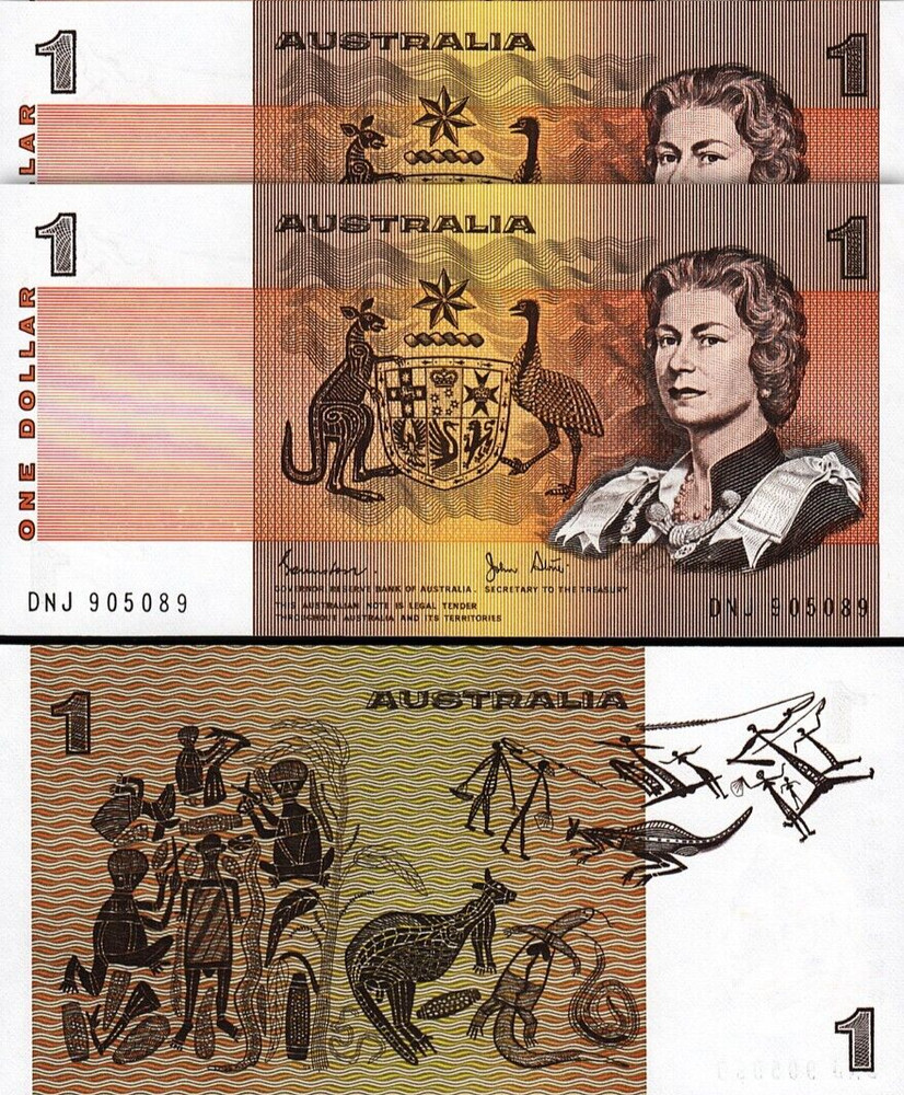 Australia 1 Dollars 1983, UNC, 2 Pcs PAIR, Consecutive, P-42d, Johnston & Stone