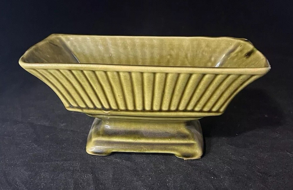 Rectangle Planter Pedestal Chartreuse Green Stripe Mid Century 8” Vintage