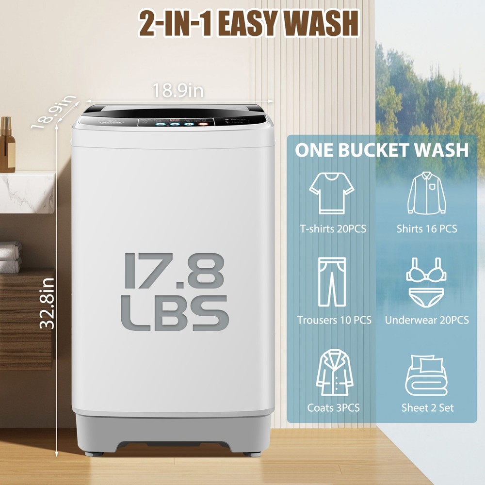 Washing Machine Full Automatic 17.8LB Top-Loading Compact Laundry Washer & Dryer