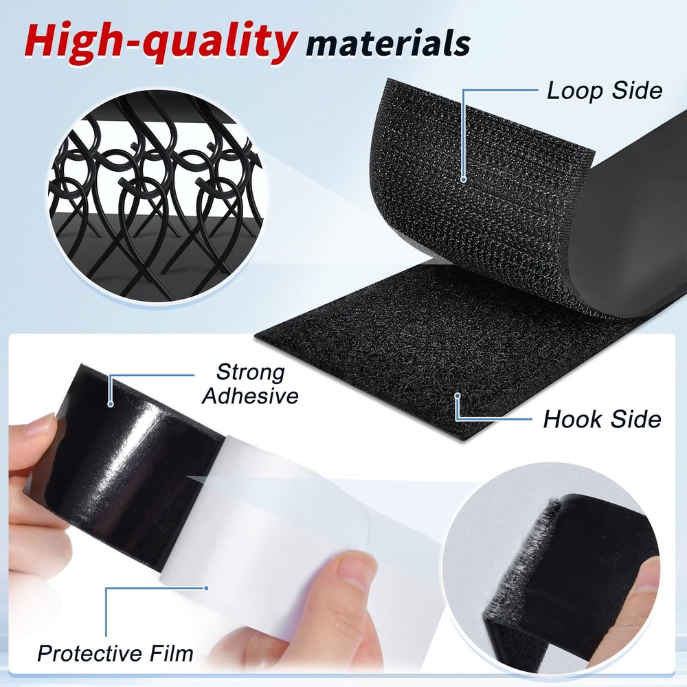 Self Adhesive Hook Loop Strips, 2Inch X 15Ft, Heavy Duty Nylon, Black