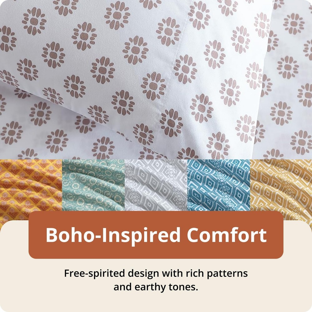 Indigo Ink - Full Size Sheet Set, 4-Piece Boho Medallion Patterned Bedding, S...