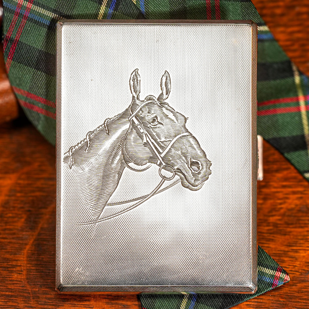 Engraved Horse Engine Turned Antique Sterling Silver Cigarette Card Case