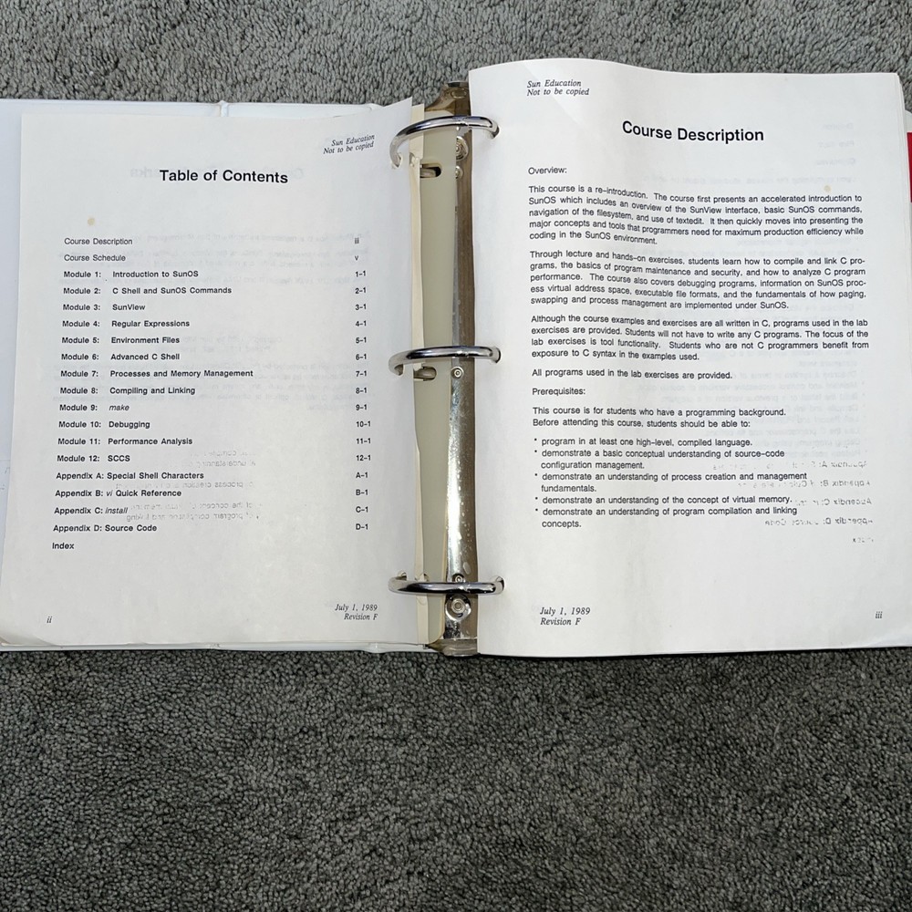 VTG 1989 SUN Microsystems SunOS Education Course For Programmers, Student Guide