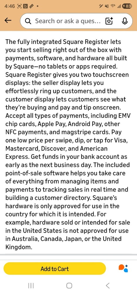 Square A-SKU-0665 Register POS System Dual Touchscreen Card Reader