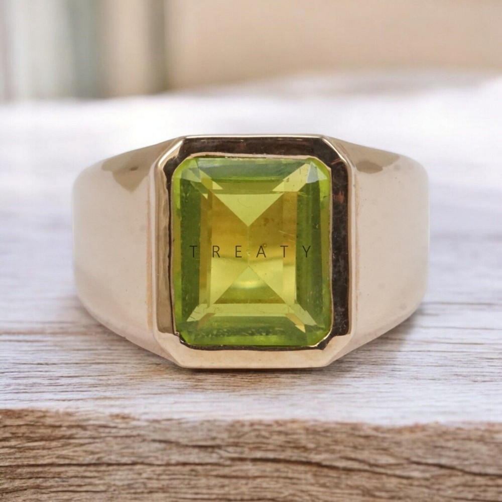 Peridot Emerald Cut With 14K Solid Gold Ring For Men's #A42