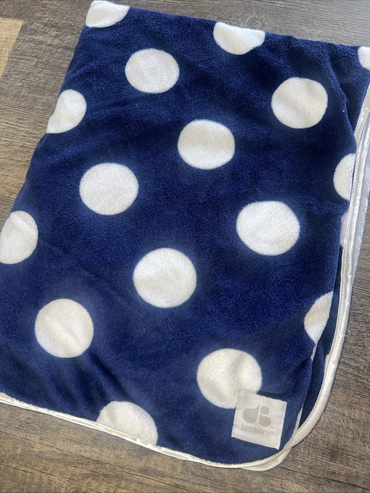 Just Born Blue Blanket White Polk A Dots White Back