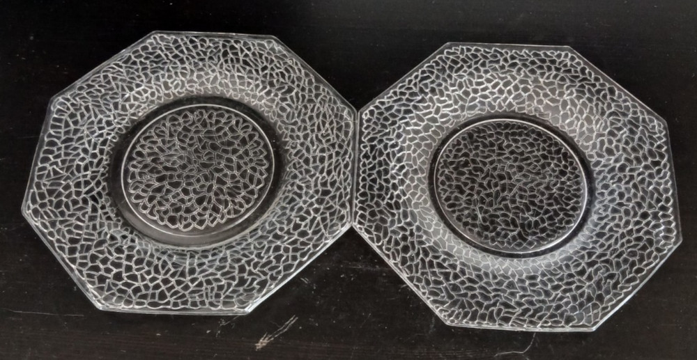 2 Octagonal Shaped 1930's Smith Crackle Clear Glass Plates 8.2"