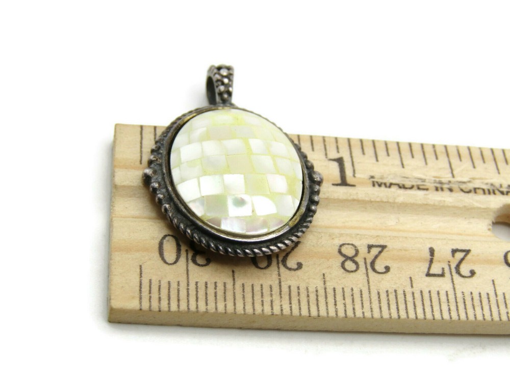 Mother of Pearl Charm Oval Shape Square Patterned Silver Tone
