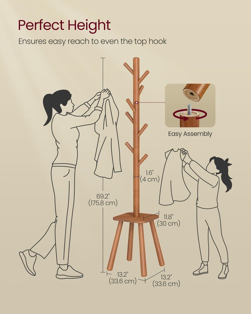 VASAGLE Coat Rack, Free Standing Stand, Hall Tree Caramel Brown
