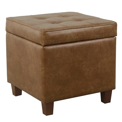 Square Tufted Storage Ottoman - Distressed Brown Faux Leather, Small, Versatile