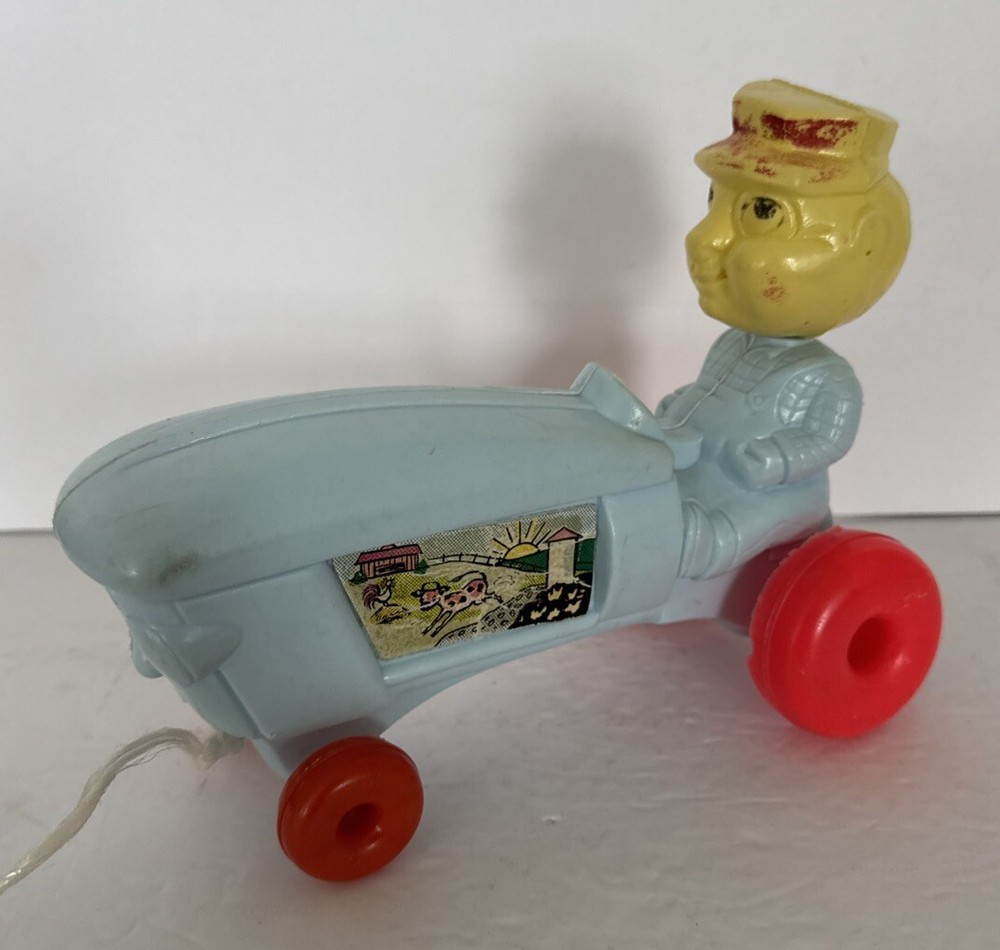Empire Tractor Farmer Bobble Head Pull Toy Blow Mold Original Pull String Rare
