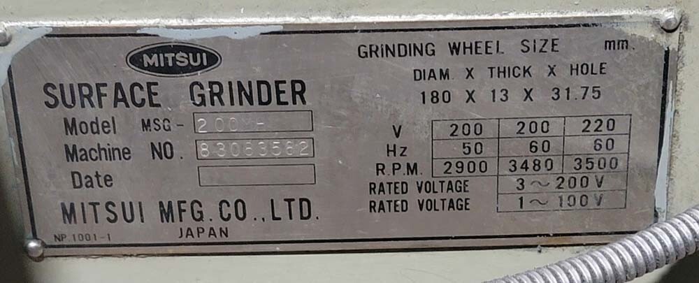 MITSUI MODEL MSG-200MH HAND FEED SURFACE GRINDER, Inv 46600