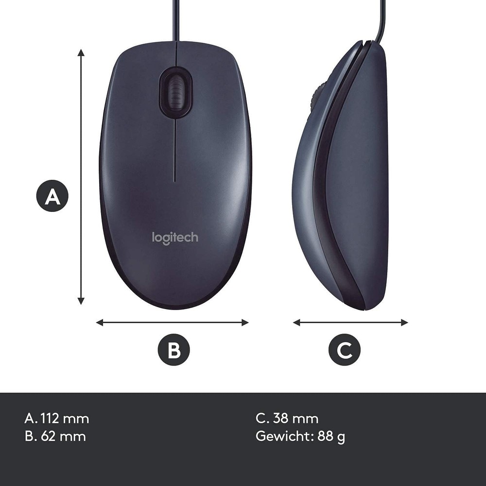 Logitech M100 USB Wired Corded Optical Mouse Right or Left Hand Use MAC PC Black