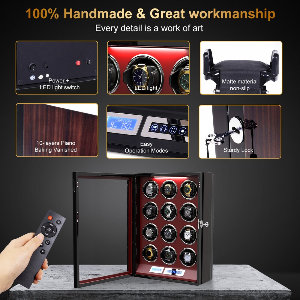 Automatic 12 Watch Winder Display Case Box LCD Touch Screen Display W/ LED Light