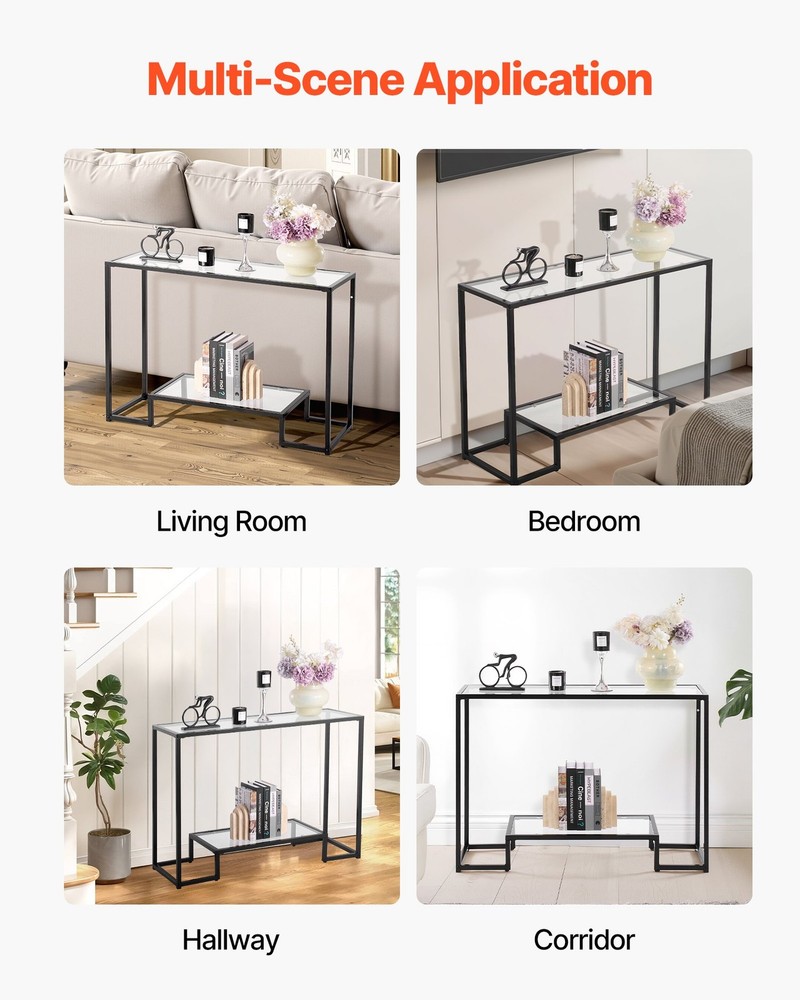 [New]2-Tier Glass Console Table,Modern Rectangle Sofa Side Table w/Tempered Glas