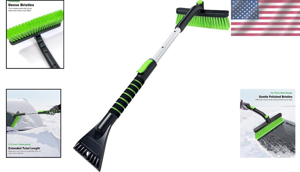 Extendable Snow Brush Ice Scraper Car Windshield Green Rotatable Foam Grip