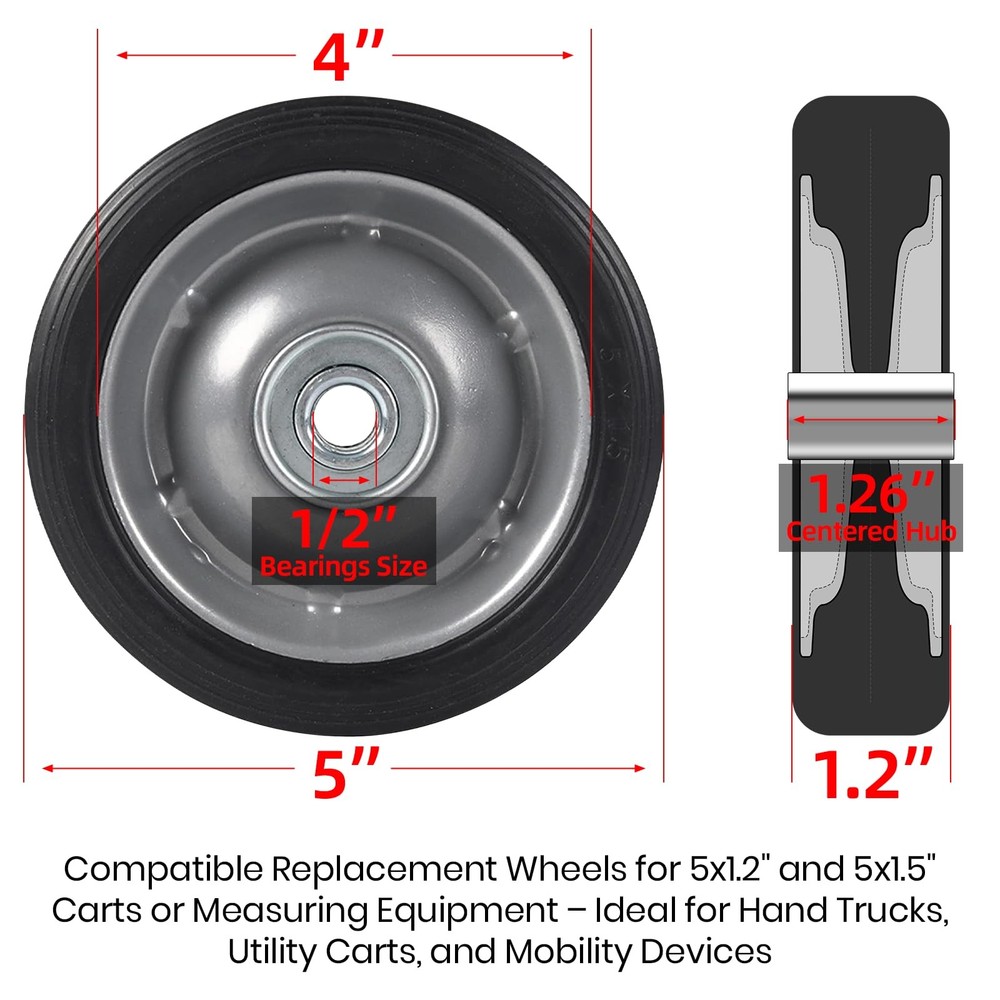 AR-PRO (2-Pack) 5" x 1.2" Flat Free Solid Rubber Wheel 5"x1.2, Metallic