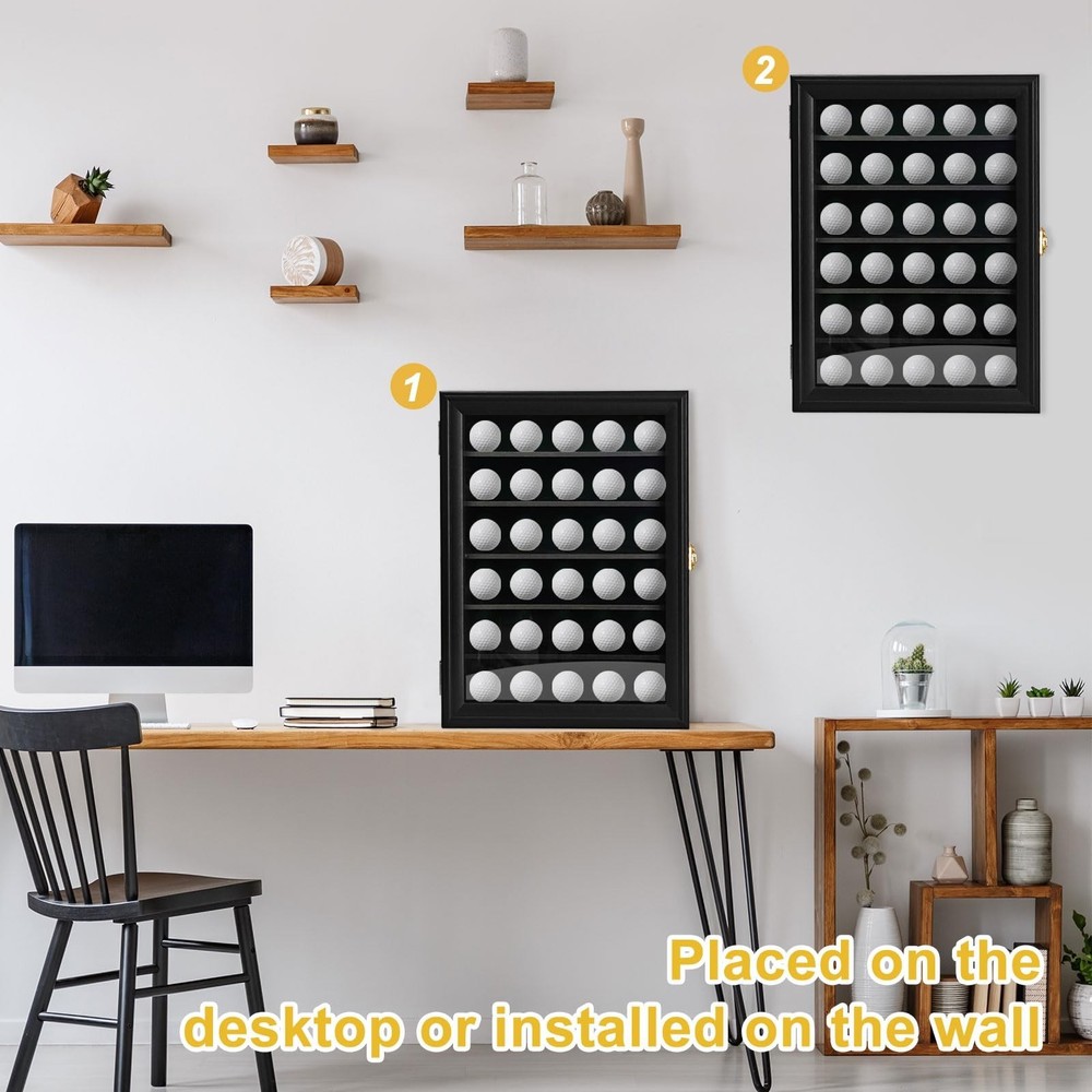 Golf Ball Display Case: Wall Mounted 30 Golf Ball Display Case Holder Solid W...
