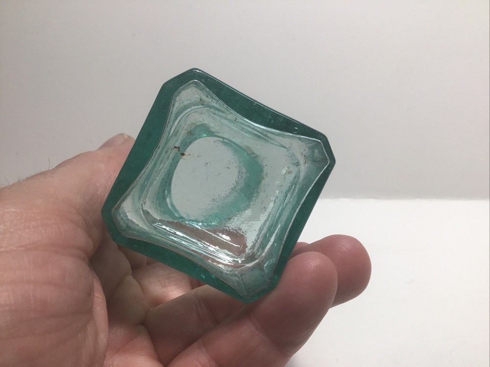 Small Square Antique Aqua Tavu Boot Polish Bottle.
