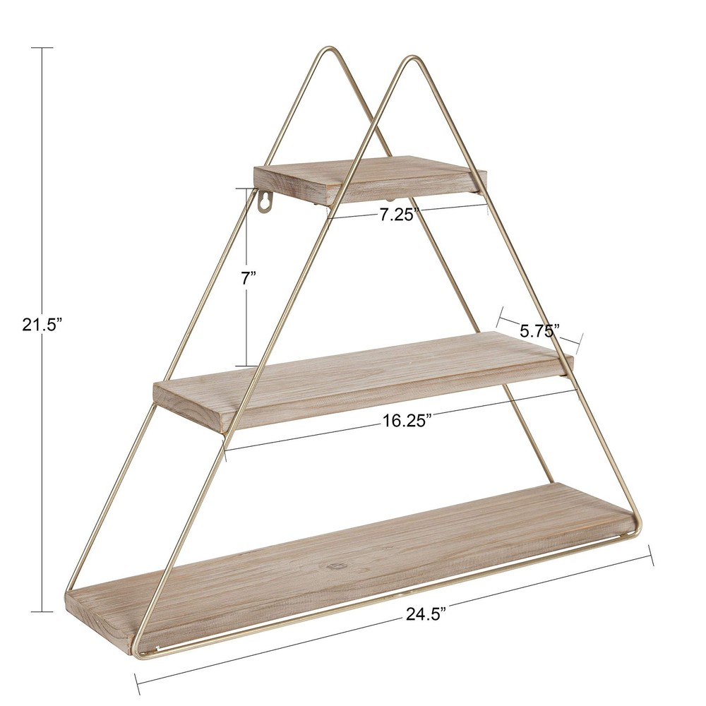 Tilde Small Three Tiered Triangle Floating Metal Wall Shelf, Rustic Light Bro...