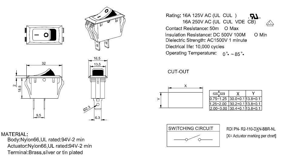 UL Listed - Power Switch SPST AC 250volt 15amp Panel Mount Boat Rocker switch -