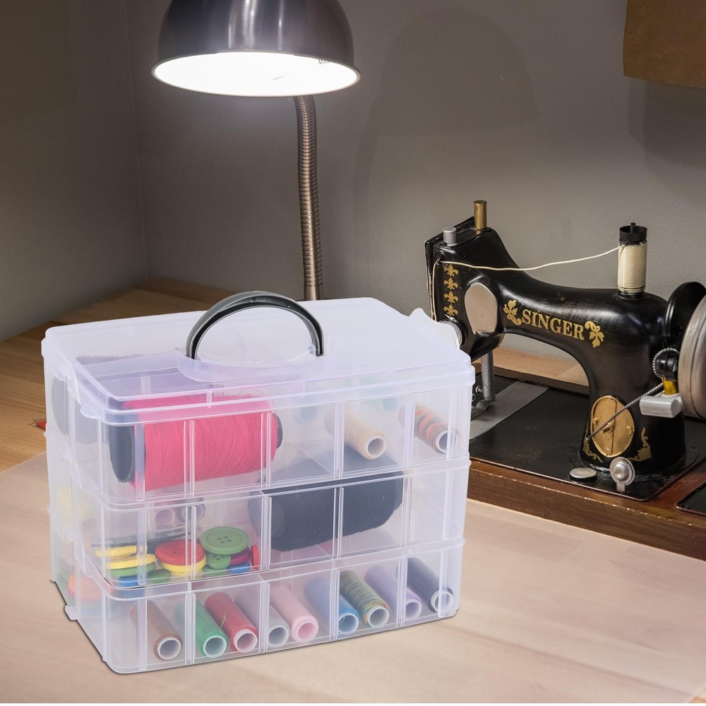 3-layer Stackable Craft Storage Box with 30 Grids, Clear Compartment Organize...