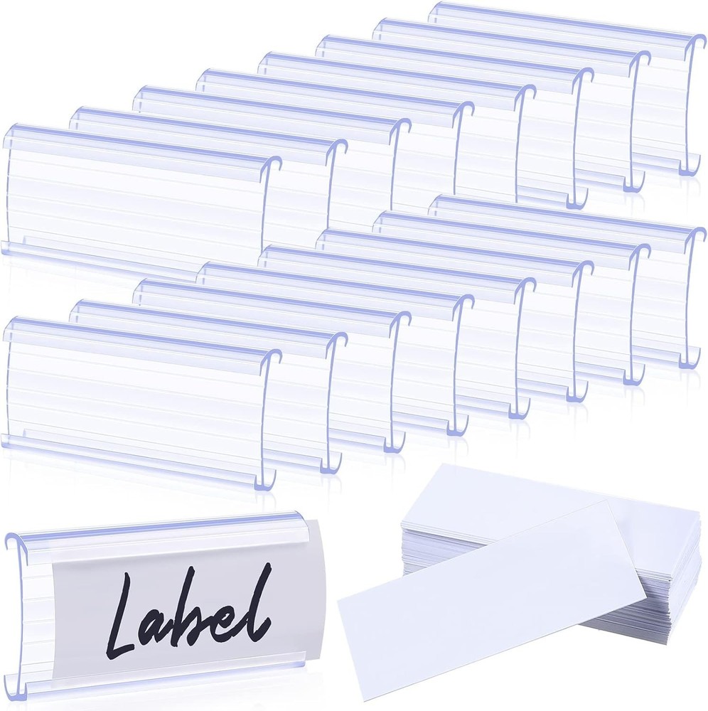 200 Clear Plastic Shelf Label Holders with Paper Inserts for Easy Organization