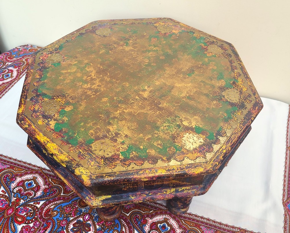 Old Style Anglo-Indian Low Bajot Table Octagonal Painted Boho Prayer Table