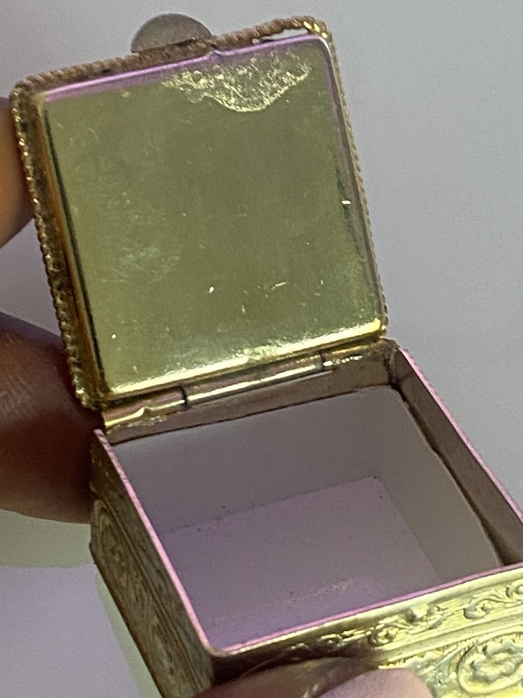 Vintage Silver Gilt Square Hinged Pill Box Natural Onyx Lid