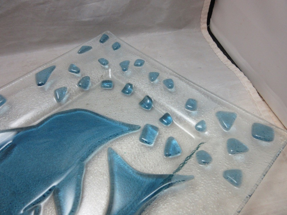 Fused art glass serving platter with Dolphins