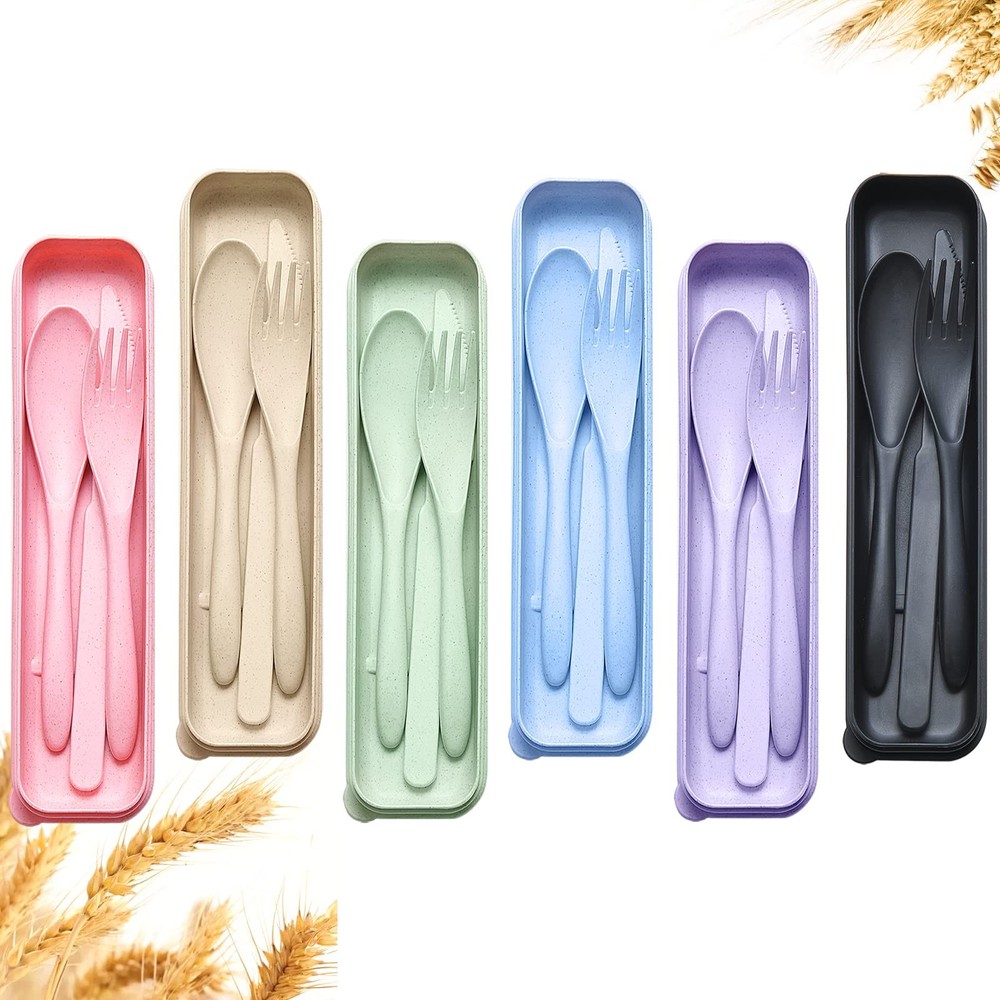 Reusable Travel Utensils Set with Case, 6 Sets Wheat Straw Portable Fork Spoo...